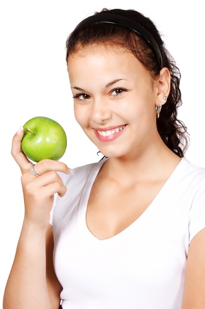 apple, diet, healthy, eating, food, fruit, green, hand, health, holding, juicy, girl, female, single, woman, smile, isolated, diet, eating, eating, eating, eating, eating, health, health, smile